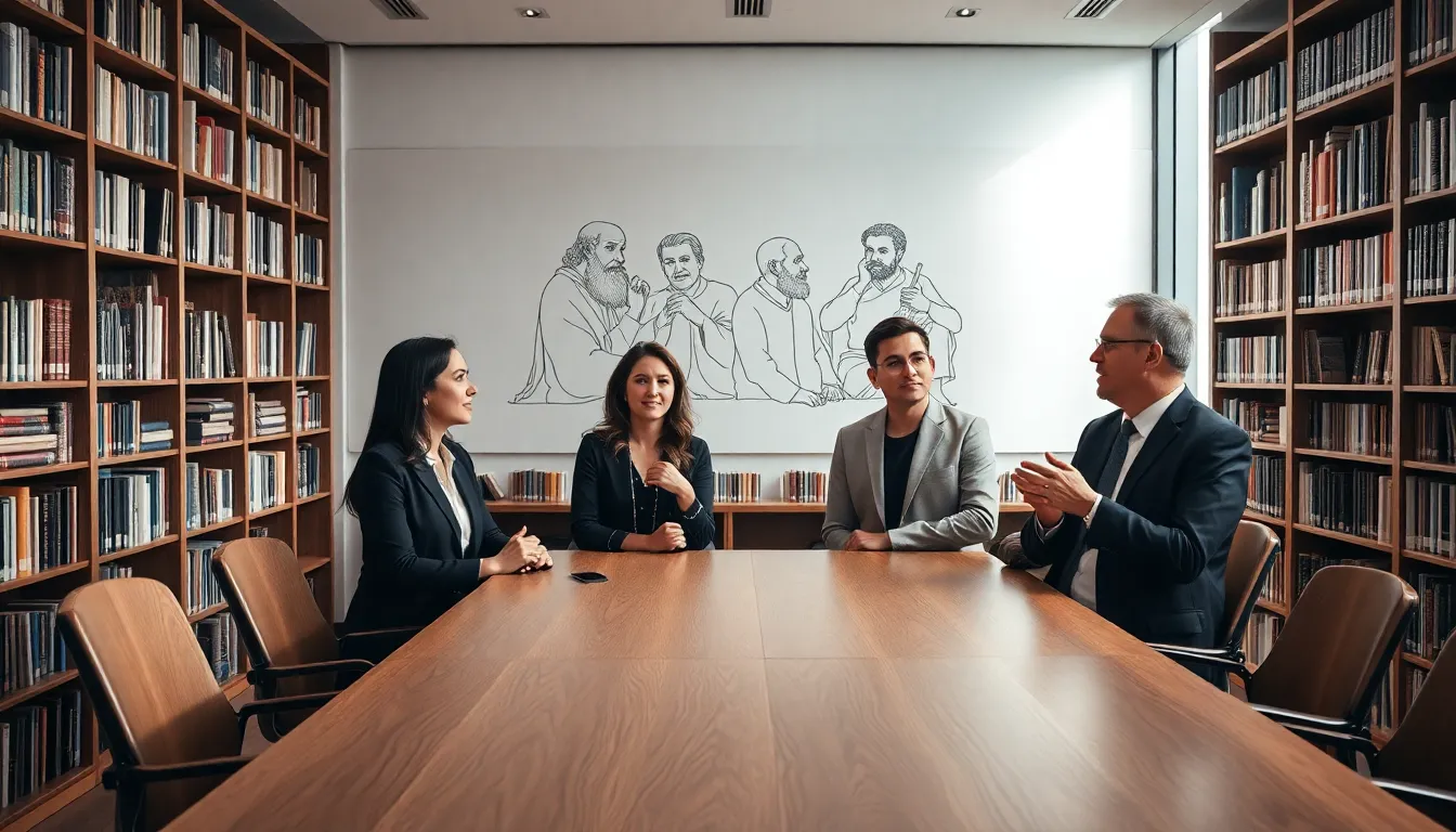 scholars discussing history in a modern library setting.